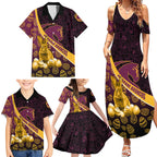 Brisbane Broncos Easter Day Family Matching Summer Maxi Dress and Hawaiian Shirt Bunny and Egg Pattern in Gold Maroon Festive Style