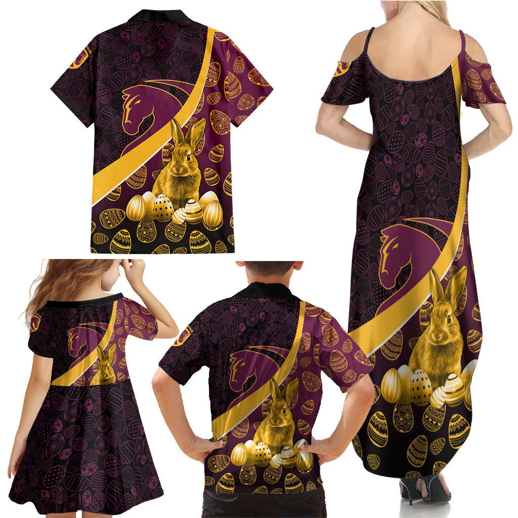 Brisbane Broncos Easter Day Family Matching Summer Maxi Dress and Hawaiian Shirt Bunny and Egg Pattern in Gold Maroon Festive Style