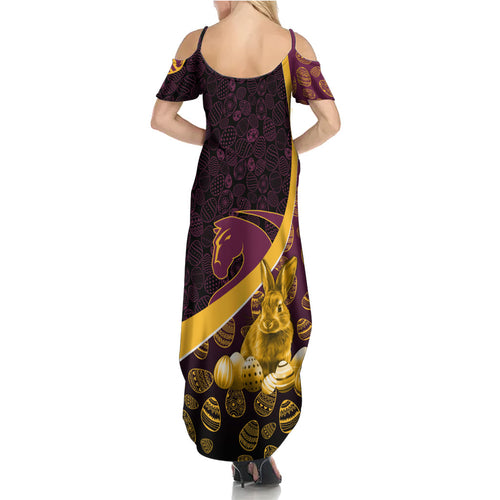 Brisbane Broncos Easter Day Family Matching Summer Maxi Dress and Hawaiian Shirt Bunny and Egg Pattern in Gold Maroon Festive Style