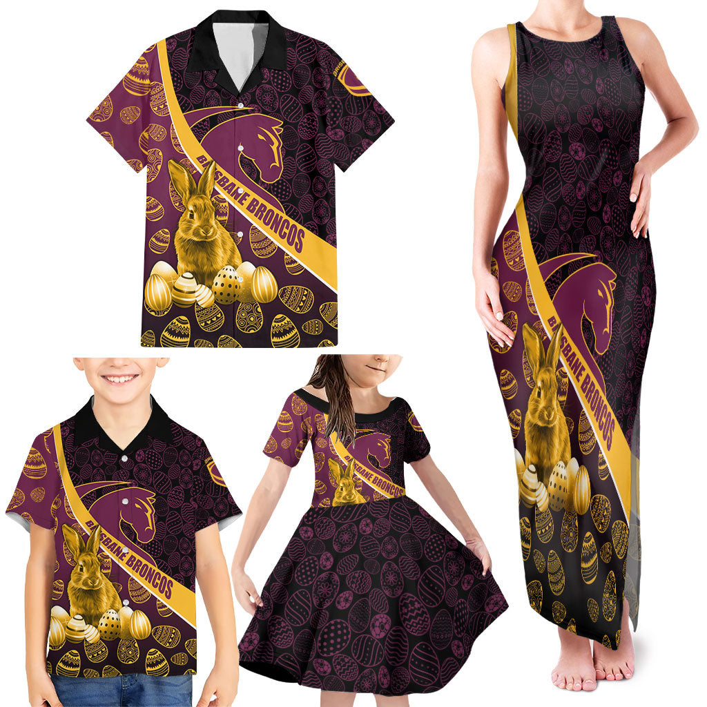 Brisbane Broncos Easter Day Family Matching Tank Maxi Dress and Hawaiian Shirt Bunny and Egg Pattern in Gold Maroon Festive Style