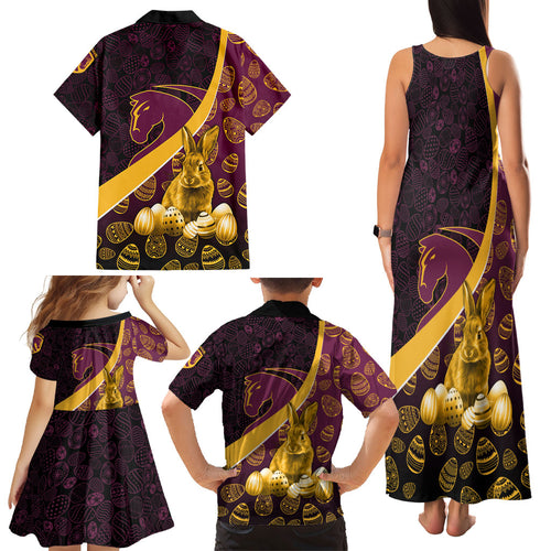 Brisbane Broncos Easter Day Family Matching Tank Maxi Dress and Hawaiian Shirt Bunny and Egg Pattern in Gold Maroon Festive Style