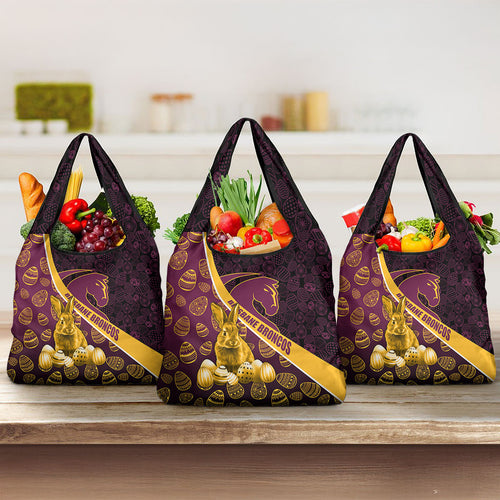 Brisbane Broncos Easter Day Grocery Bag Bunny and Egg Pattern in Gold Maroon Festive Style