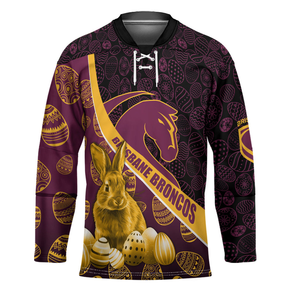Brisbane Broncos Easter Day Hockey Jersey Bunny and Egg Pattern in Gold Maroon Festive Style