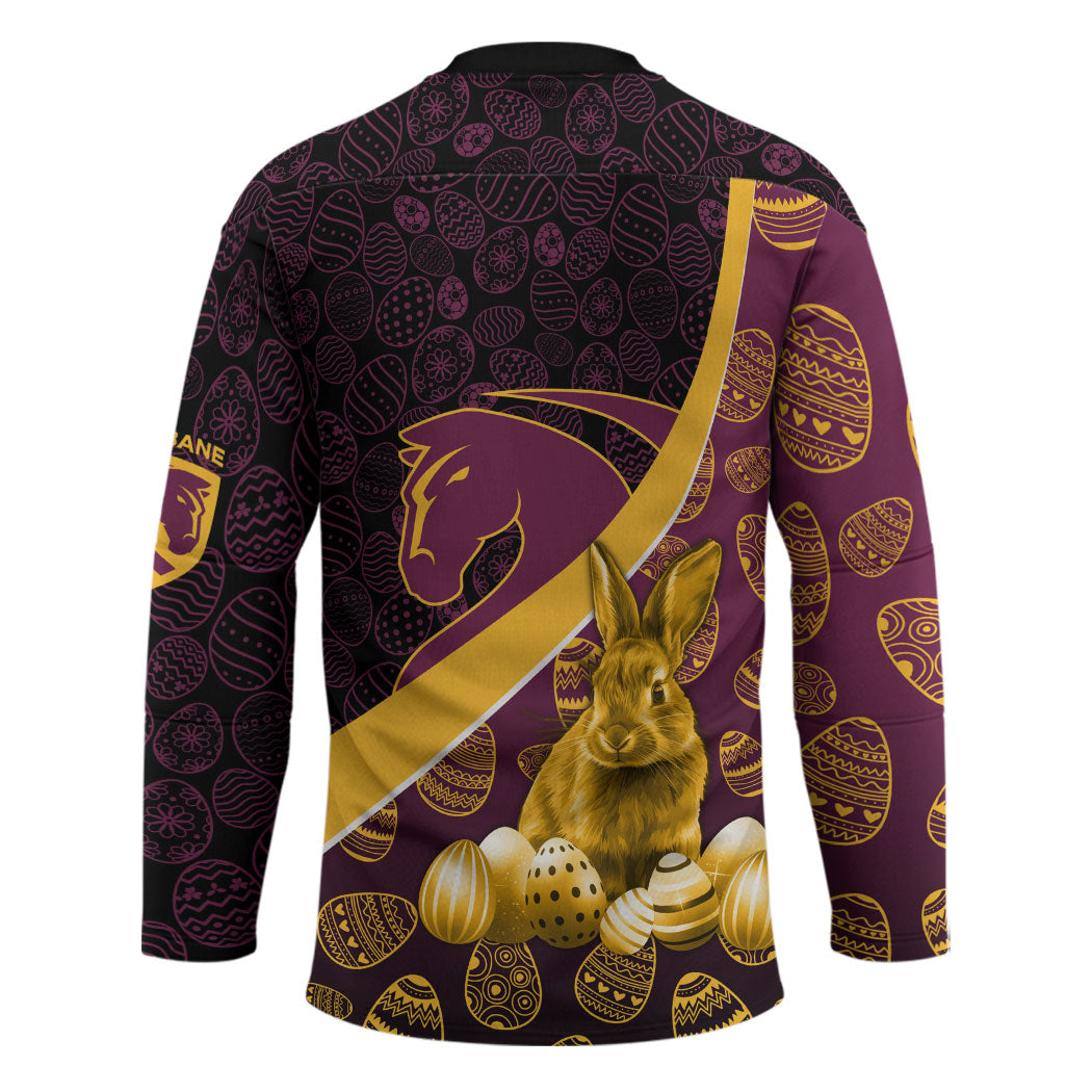 Brisbane Broncos Easter Day Hockey Jersey Bunny and Egg Pattern in Gold Maroon Festive Style