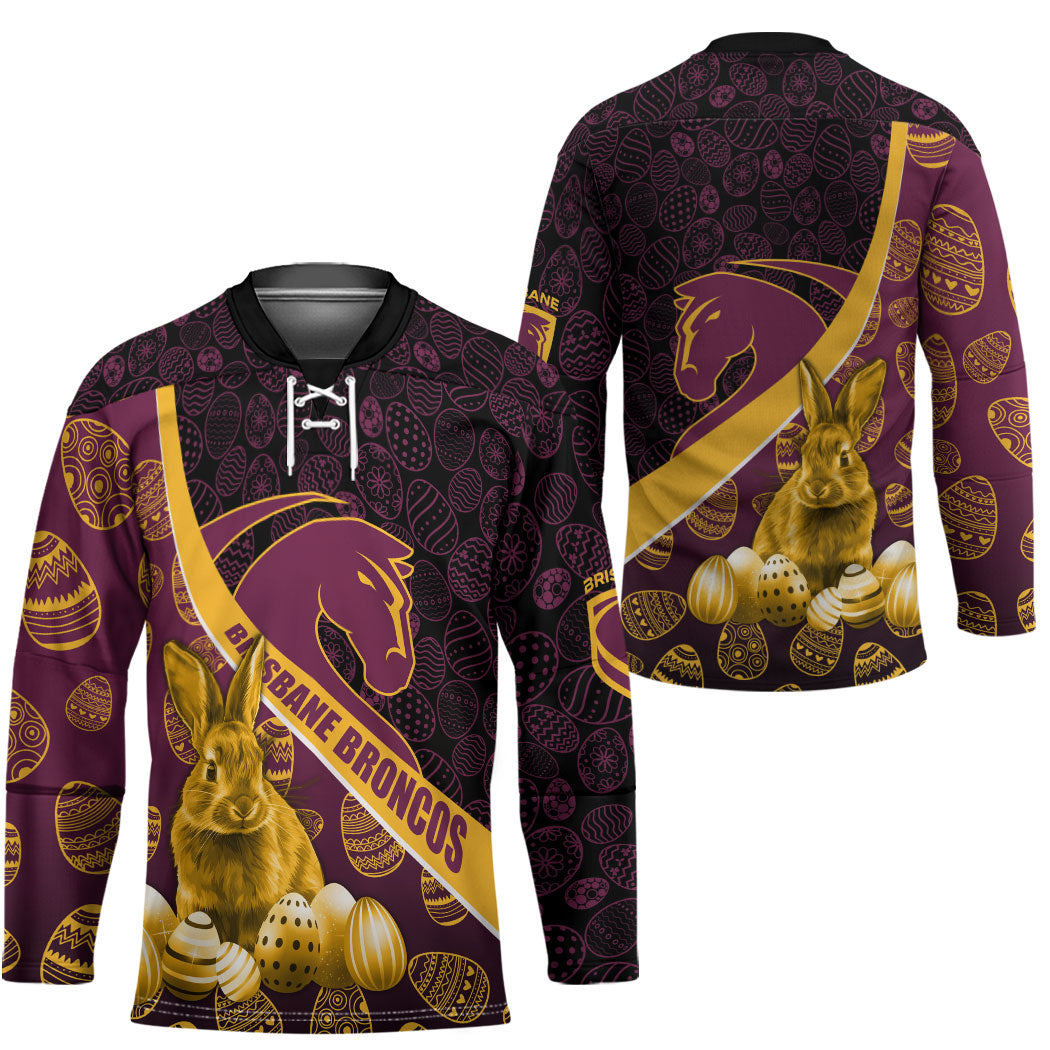 Brisbane Broncos Easter Day Hockey Jersey Bunny and Egg Pattern in Gold Maroon Festive Style