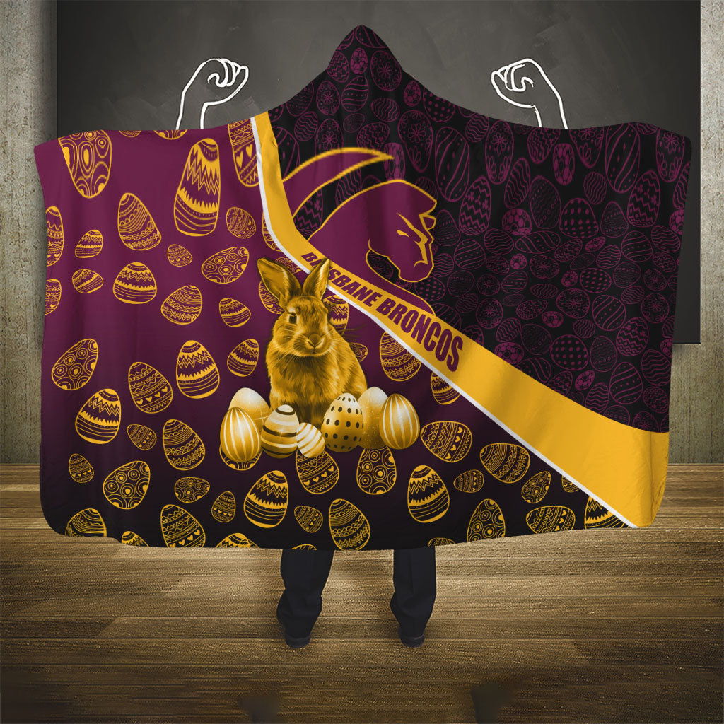 Brisbane Broncos Easter Day Hooded Blanket Bunny and Egg Pattern in Gold Maroon Festive Style