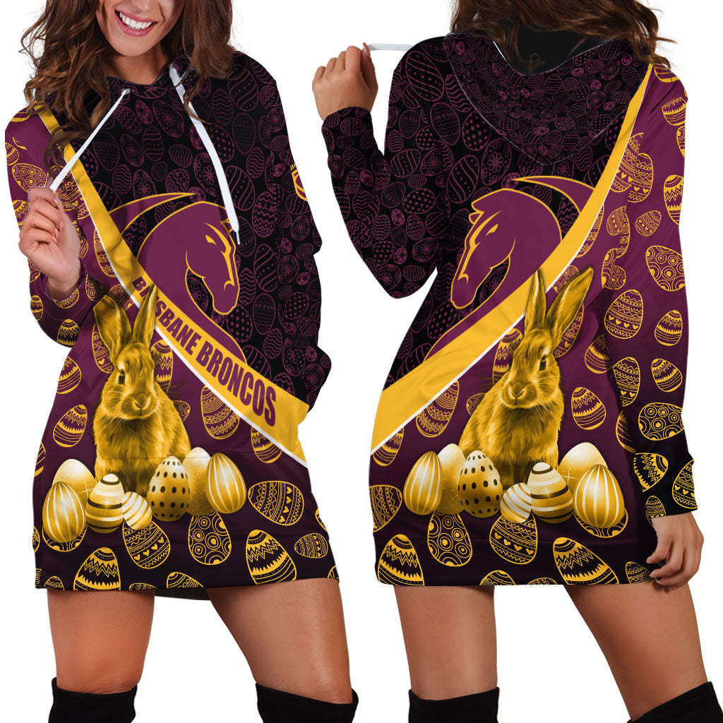 Brisbane Broncos Easter Day Hoodie Dress Bunny and Egg Pattern in Gold Maroon Festive Style