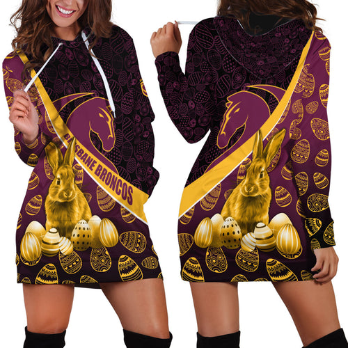 Brisbane Broncos Easter Day Hoodie Dress Bunny and Egg Pattern in Gold Maroon Festive Style