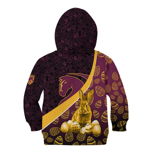 Brisbane Broncos Easter Day Kid Hoodie Bunny and Egg Pattern in Gold Maroon Festive Style