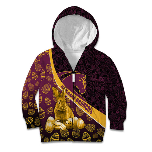 Brisbane Broncos Easter Day Kid Hoodie Bunny and Egg Pattern in Gold Maroon Festive Style