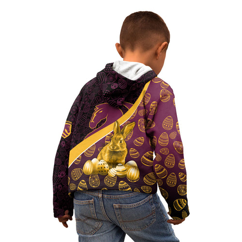 Brisbane Broncos Easter Day Kid Hoodie Bunny and Egg Pattern in Gold Maroon Festive Style