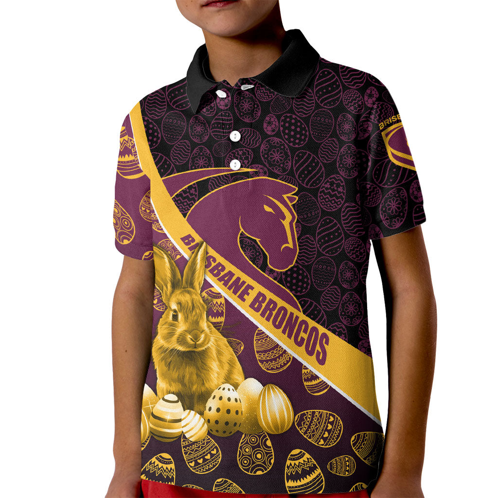 Brisbane Broncos Easter Day Kid Polo Shirt Bunny and Egg Pattern in Gold Maroon Festive Style