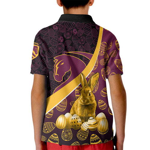 Brisbane Broncos Easter Day Kid Polo Shirt Bunny and Egg Pattern in Gold Maroon Festive Style
