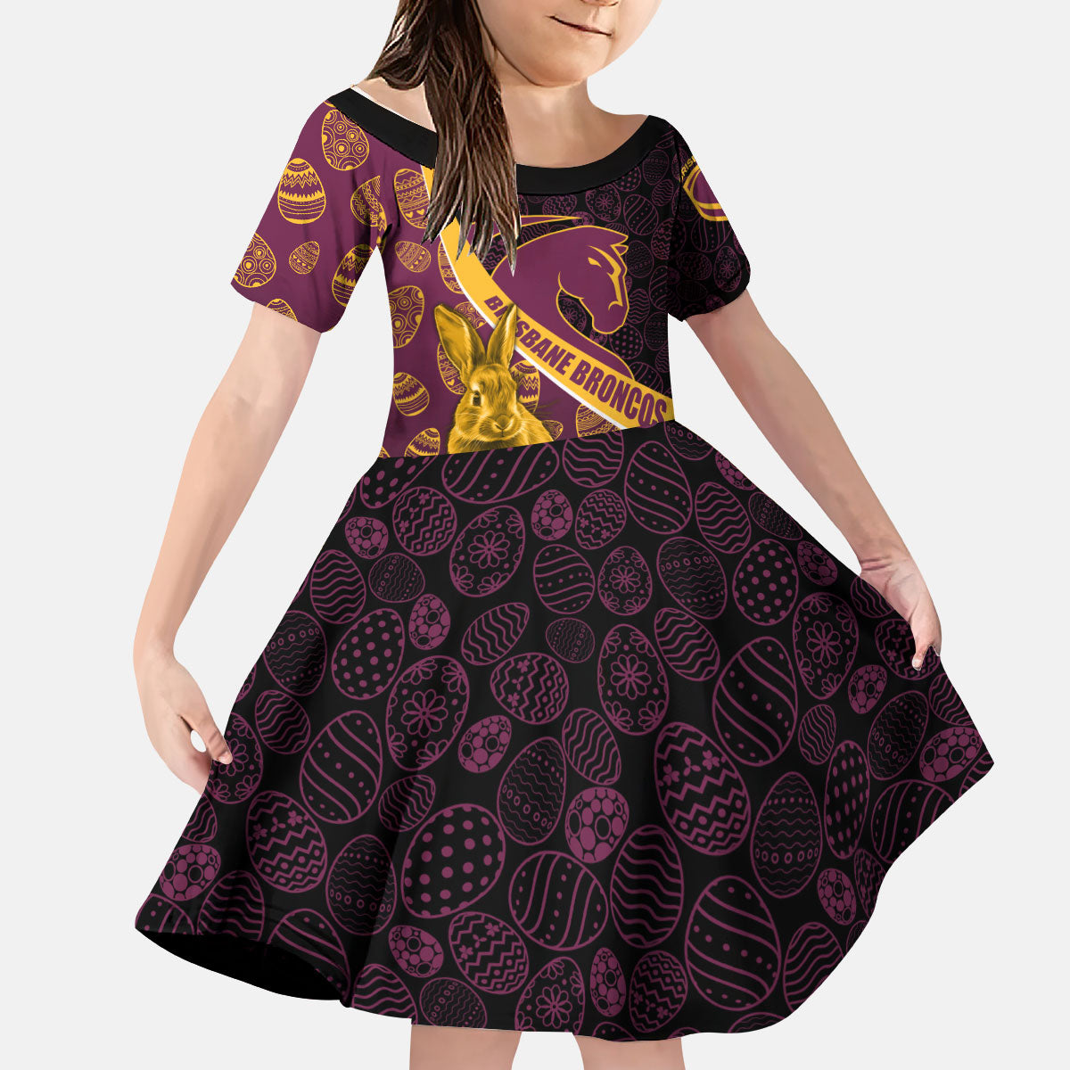 Brisbane Broncos Easter Day Kid Short Sleeve Dress Bunny and Egg Pattern in Gold Maroon Festive Style