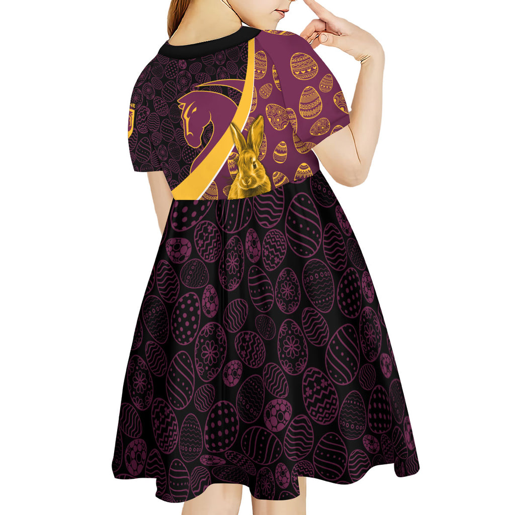 Brisbane Broncos Easter Day Kid Short Sleeve Dress Bunny and Egg Pattern in Gold Maroon Festive Style