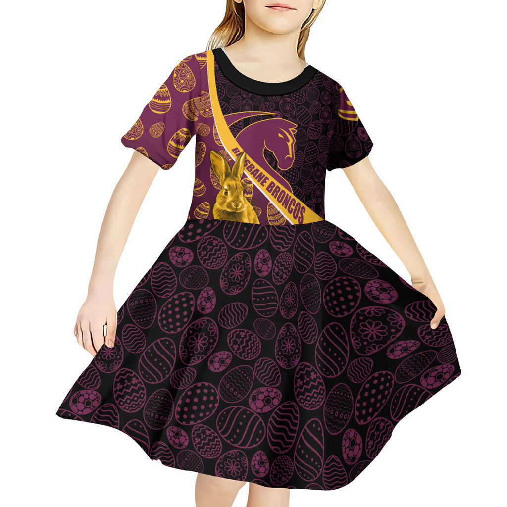Brisbane Broncos Easter Day Kid Short Sleeve Dress Bunny and Egg Pattern in Gold Maroon Festive Style