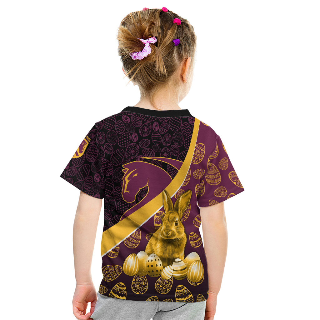 Brisbane Broncos Easter Day Kid T Shirt Bunny and Egg Pattern in Gold Maroon Festive Style