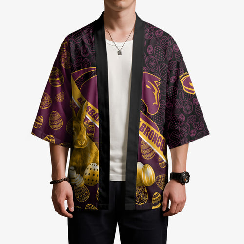 Brisbane Broncos Easter Day Kimono Bunny and Egg Pattern in Gold Maroon Festive Style