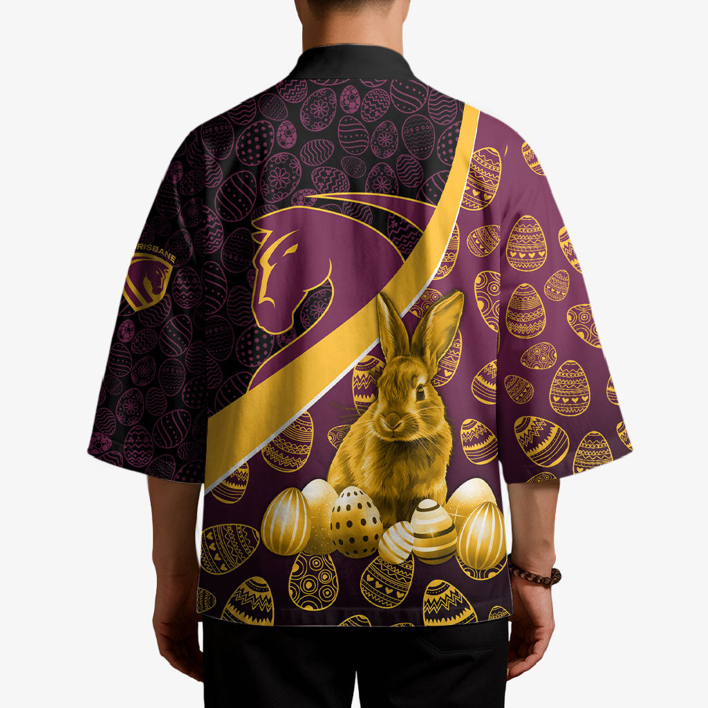 Brisbane Broncos Easter Day Kimono Bunny and Egg Pattern in Gold Maroon Festive Style