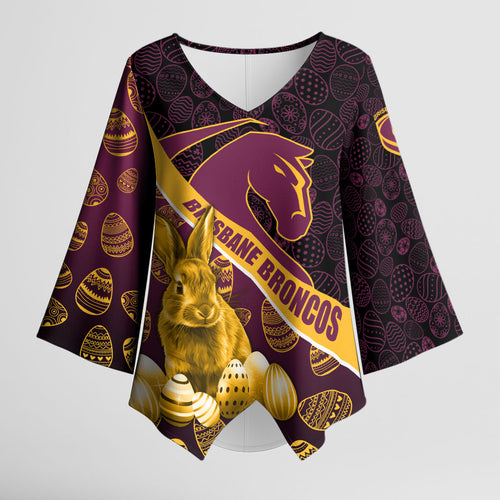 Brisbane Broncos Easter Day Kimono Sleeve Blouse Bunny and Egg Pattern in Gold Maroon Festive Style
