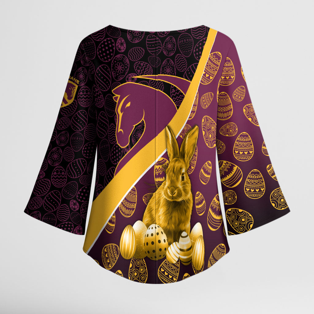 Brisbane Broncos Easter Day Kimono Sleeve Blouse Bunny and Egg Pattern in Gold Maroon Festive Style