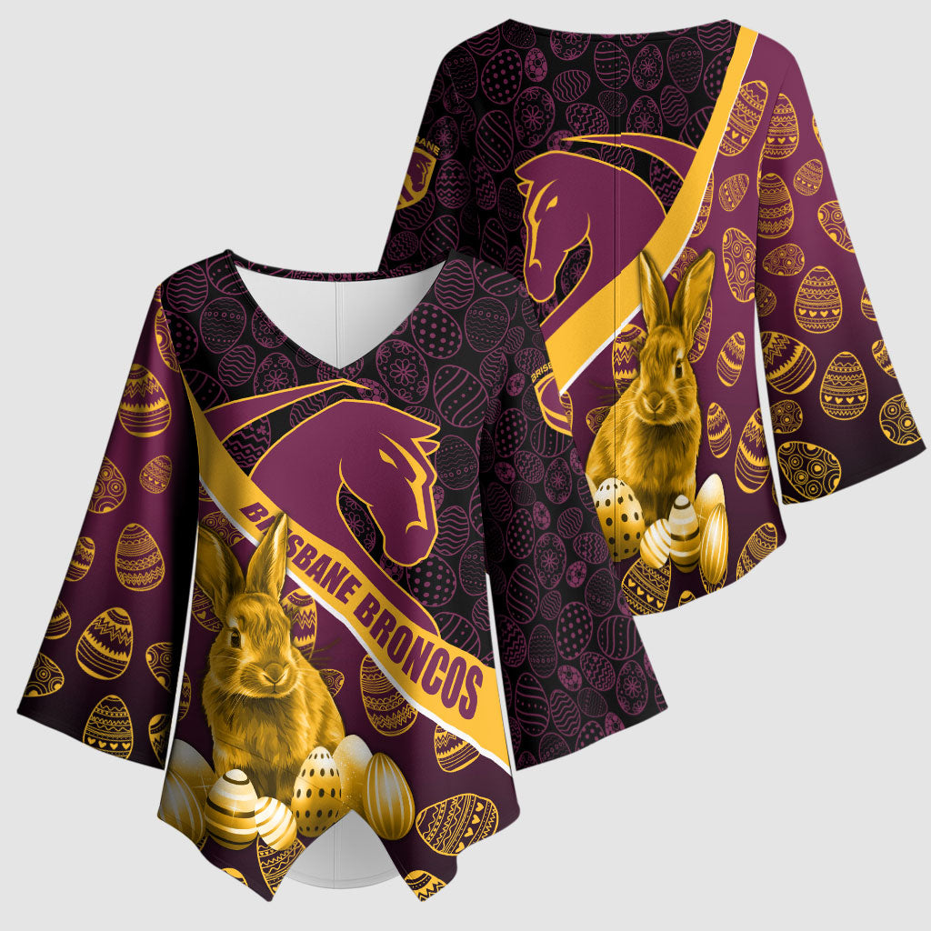Brisbane Broncos Easter Day Kimono Sleeve Blouse Bunny and Egg Pattern in Gold Maroon Festive Style
