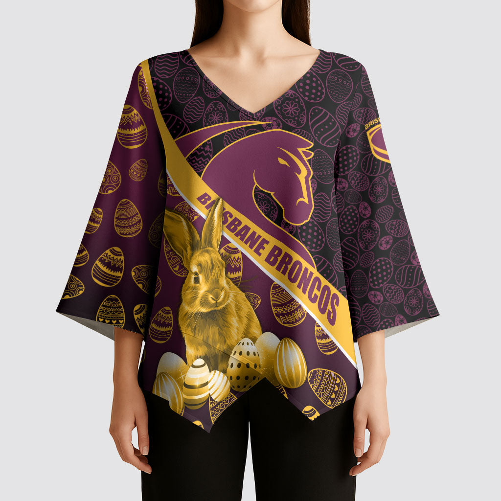 Brisbane Broncos Easter Day Kimono Sleeve Blouse Bunny and Egg Pattern in Gold Maroon Festive Style