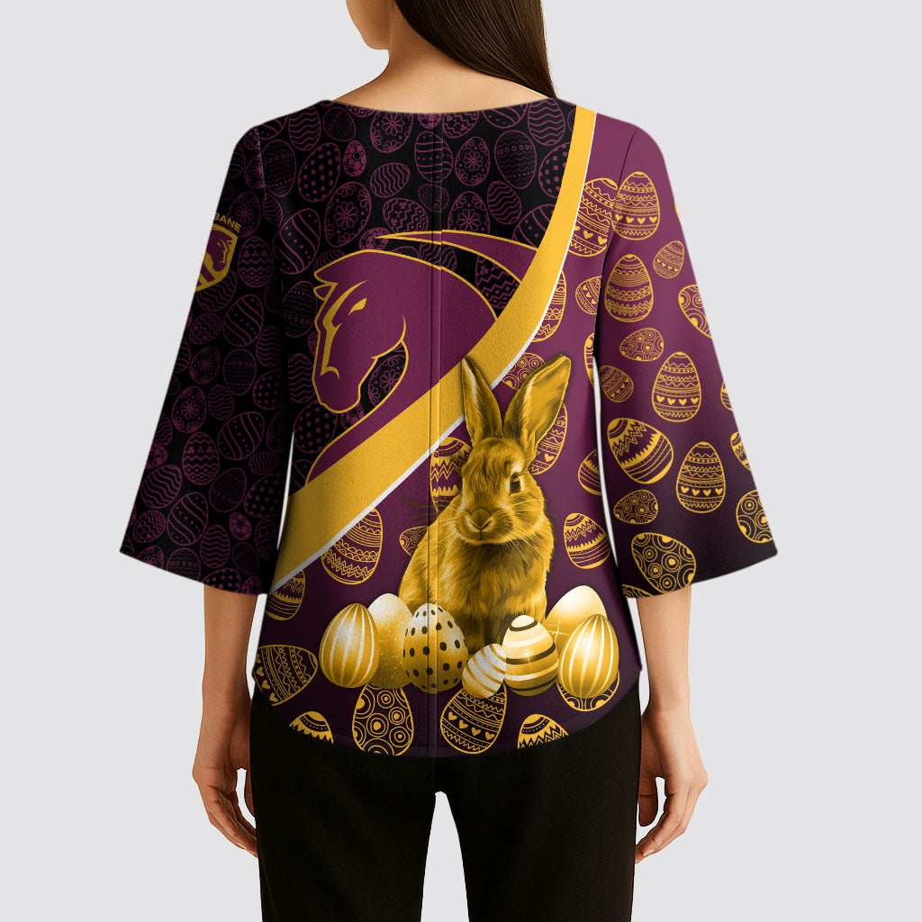 Brisbane Broncos Easter Day Kimono Sleeve Blouse Bunny and Egg Pattern in Gold Maroon Festive Style