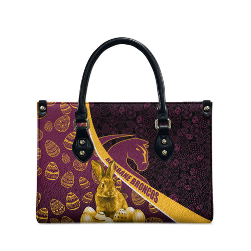Brisbane Broncos Easter Day Leather Bag Bunny and Egg Pattern in Gold Maroon Festive Style