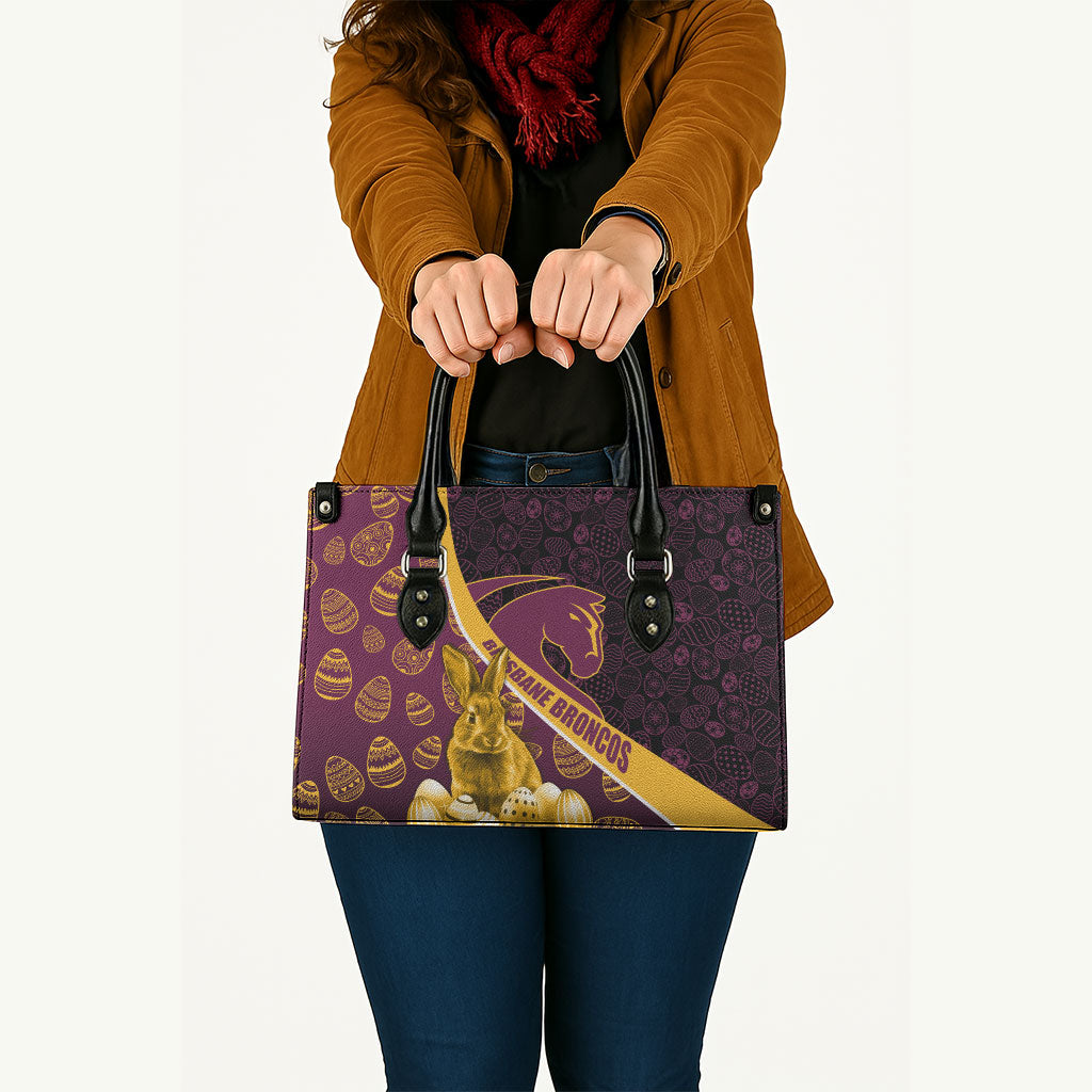 Brisbane Broncos Easter Day Leather Bag Bunny and Egg Pattern in Gold Maroon Festive Style