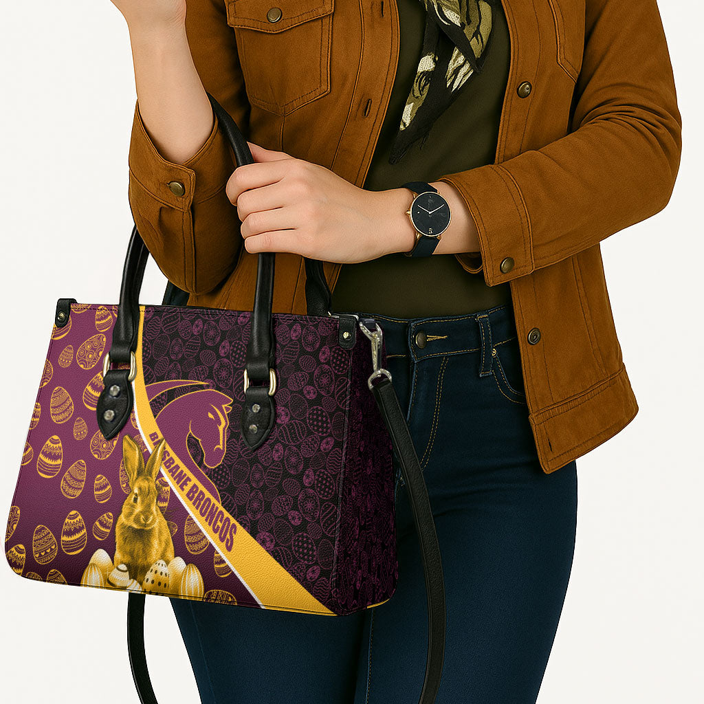 Brisbane Broncos Easter Day Leather Bag Bunny and Egg Pattern in Gold Maroon Festive Style
