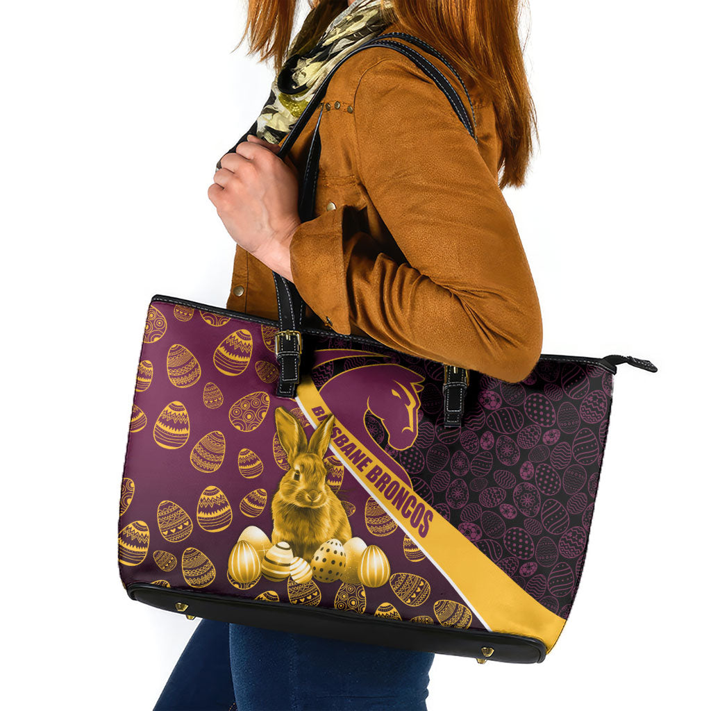 Brisbane Broncos Easter Day Leather Tote Bag Bunny and Egg Pattern in Gold Maroon Festive Style