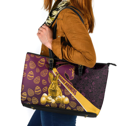 Brisbane Broncos Easter Day Leather Tote Bag Bunny and Egg Pattern in Gold Maroon Festive Style