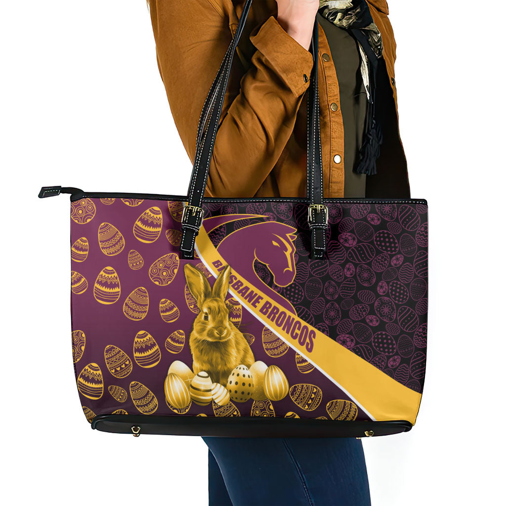 Brisbane Broncos Easter Day Leather Tote Bag Bunny and Egg Pattern in Gold Maroon Festive Style