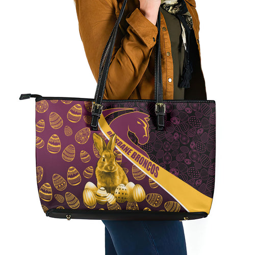 Brisbane Broncos Easter Day Leather Tote Bag Bunny and Egg Pattern in Gold Maroon Festive Style