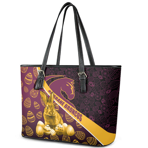 Brisbane Broncos Easter Day Leather Tote Bag Bunny and Egg Pattern in Gold Maroon Festive Style