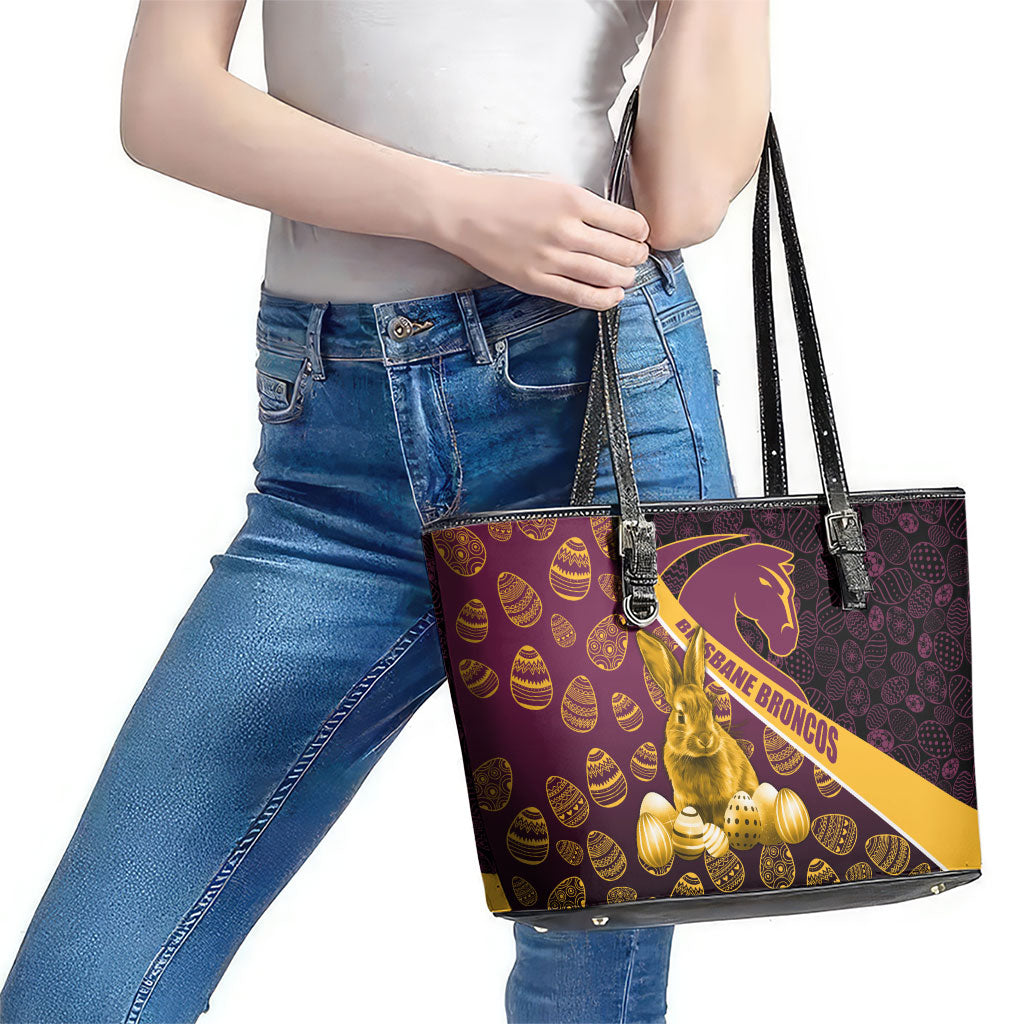 Brisbane Broncos Easter Day Leather Tote Bag Bunny and Egg Pattern in Gold Maroon Festive Style