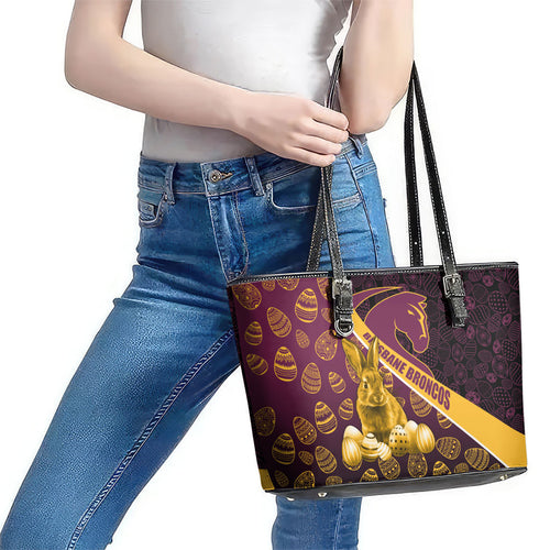 Brisbane Broncos Easter Day Leather Tote Bag Bunny and Egg Pattern in Gold Maroon Festive Style