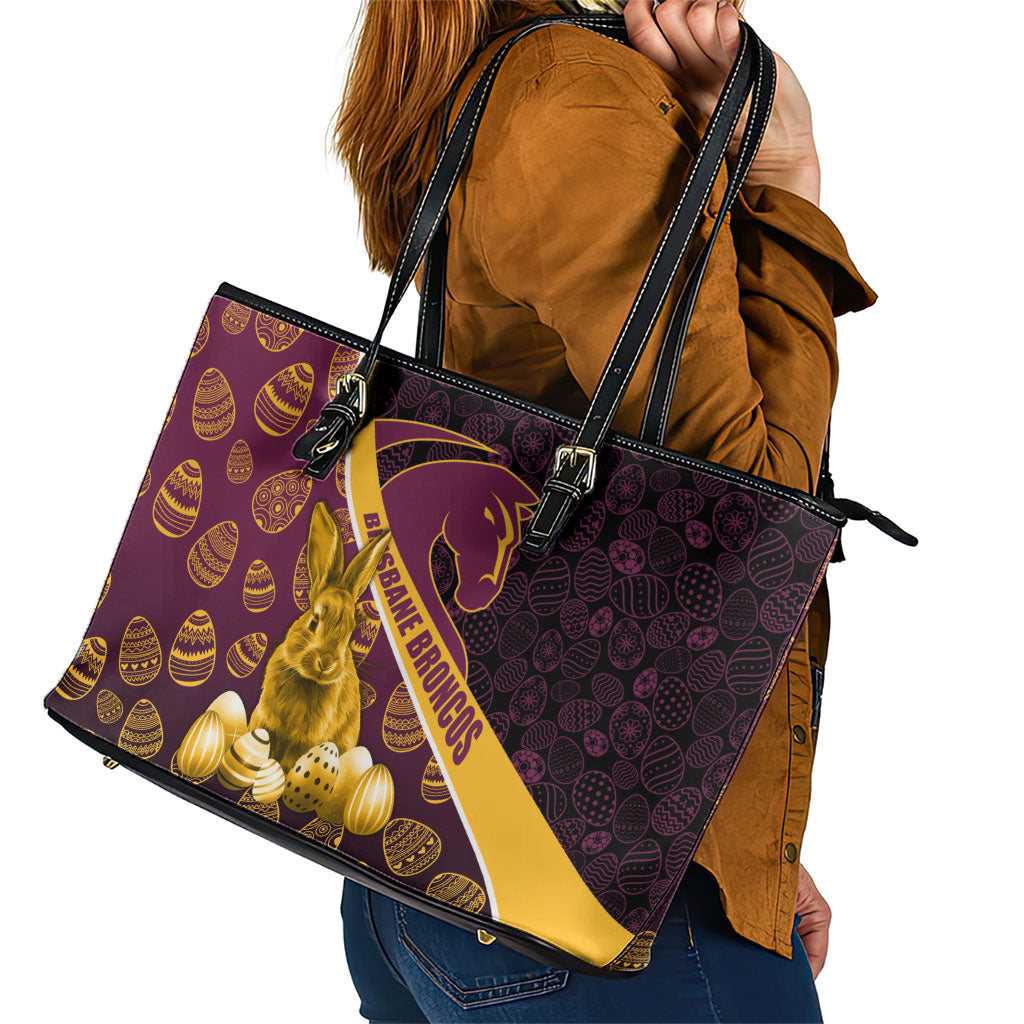 Brisbane Broncos Easter Day Leather Tote Bag Bunny and Egg Pattern in Gold Maroon Festive Style