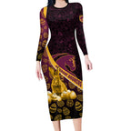 Brisbane Broncos Easter Day Long Sleeve Bodycon Dress Bunny and Egg Pattern in Gold Maroon Festive Style