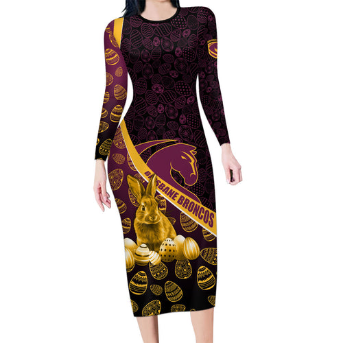 Brisbane Broncos Easter Day Long Sleeve Bodycon Dress Bunny and Egg Pattern in Gold Maroon Festive Style