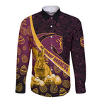 Brisbane Broncos Easter Day Long Sleeve Button Shirt Bunny and Egg Pattern in Gold Maroon Festive Style