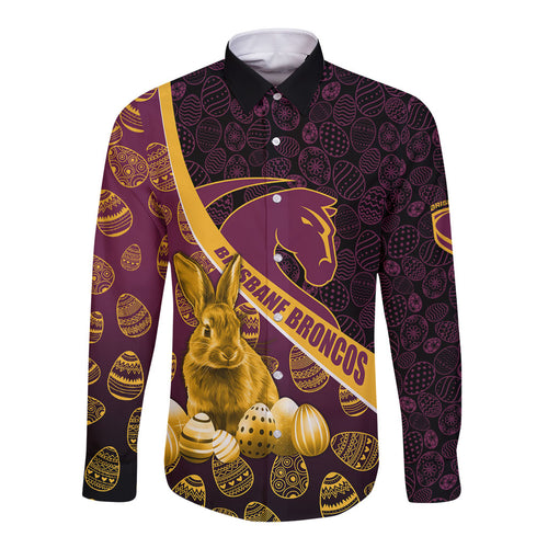 Brisbane Broncos Easter Day Long Sleeve Button Shirt Bunny and Egg Pattern in Gold Maroon Festive Style
