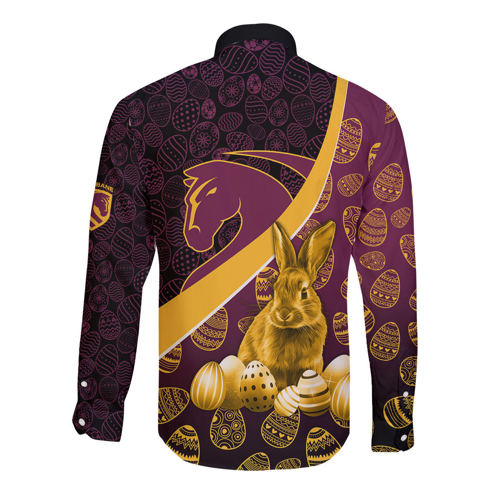 Brisbane Broncos Easter Day Long Sleeve Button Shirt Bunny and Egg Pattern in Gold Maroon Festive Style