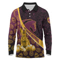 Brisbane Broncos Easter Day Long Sleeve Polo Shirt Bunny and Egg Pattern in Gold Maroon Festive Style