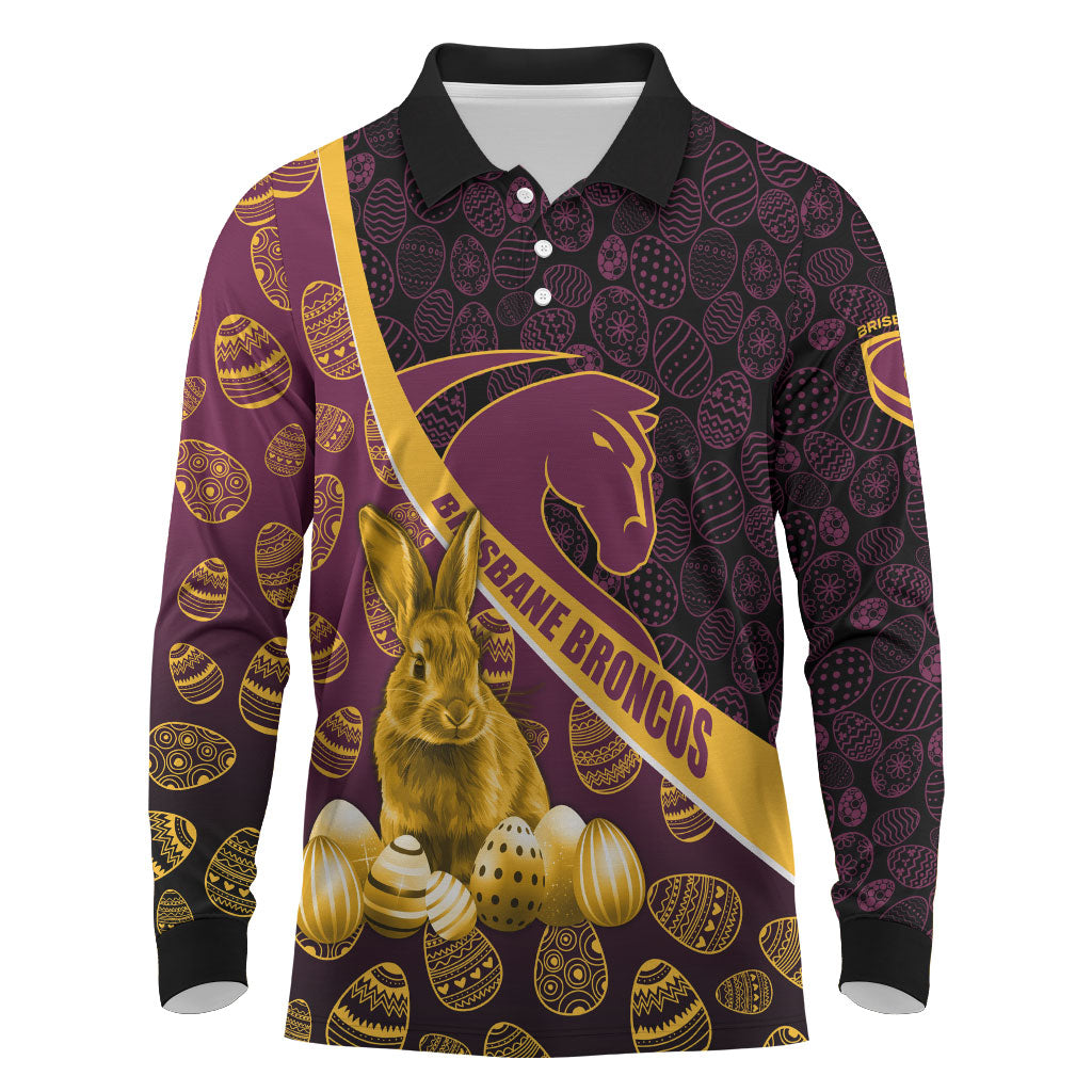 Brisbane Broncos Easter Day Long Sleeve Polo Shirt Bunny and Egg Pattern in Gold Maroon Festive Style