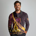 Brisbane Broncos Easter Day Long Sleeve Polo Shirt Bunny and Egg Pattern in Gold Maroon Festive Style