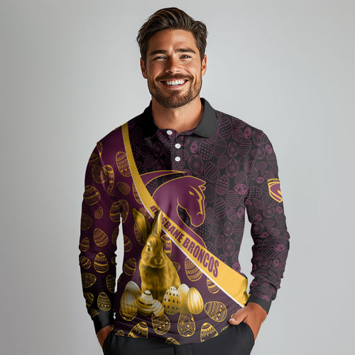 Brisbane Broncos Easter Day Long Sleeve Polo Shirt Bunny and Egg Pattern in Gold Maroon Festive Style