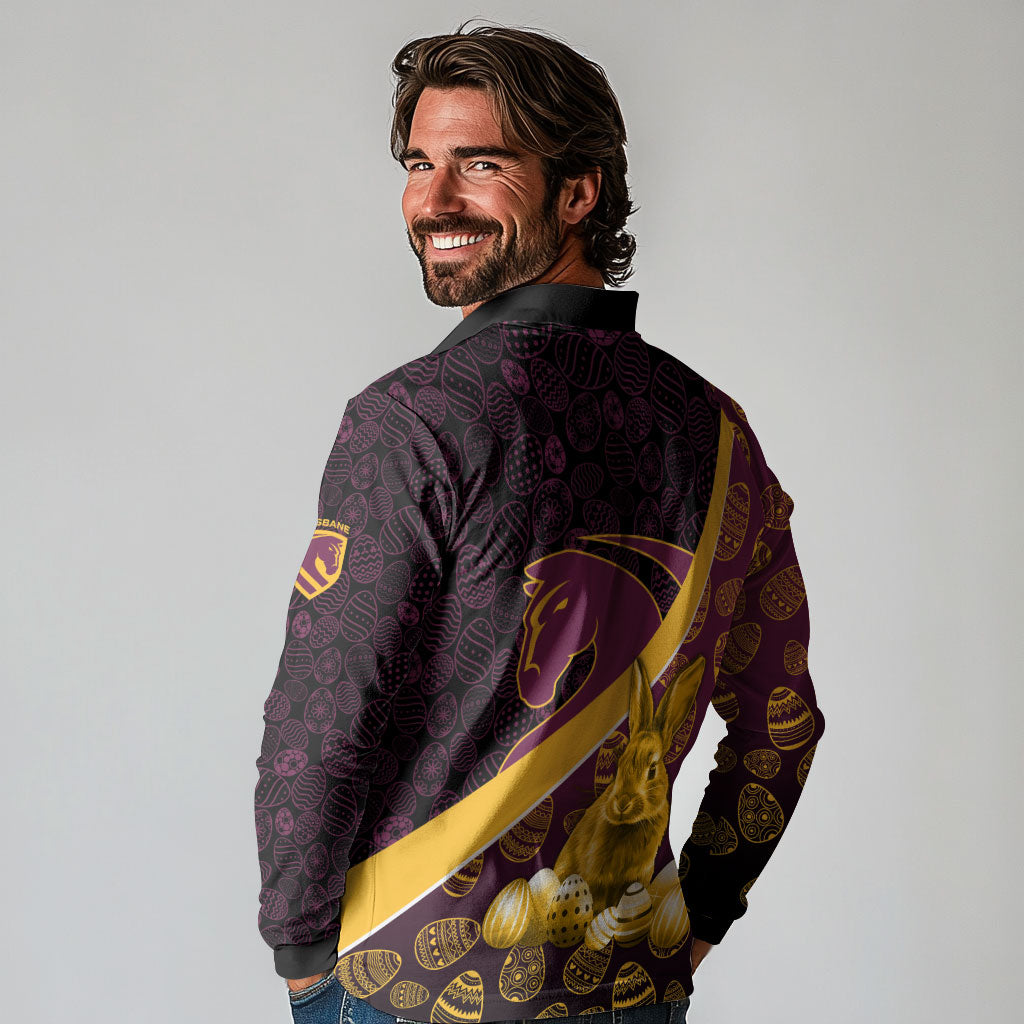 Brisbane Broncos Easter Day Long Sleeve Polo Shirt Bunny and Egg Pattern in Gold Maroon Festive Style