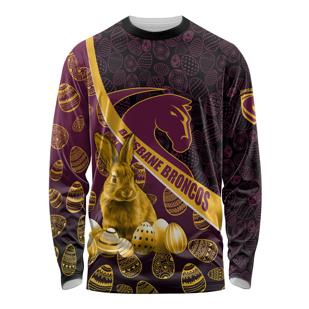Brisbane Broncos Easter Day Long Sleeve Shirt Bunny and Egg Pattern in Gold Maroon Festive Style